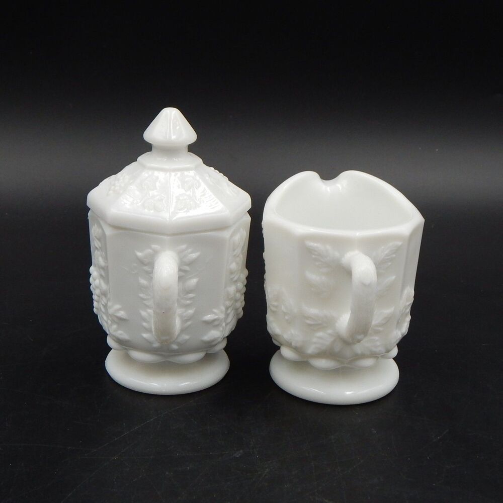 Westmoreland Paneled Grapes White Milk Glass Lidded Sugar Bowl & Creamer Set - Picture 2 of 9